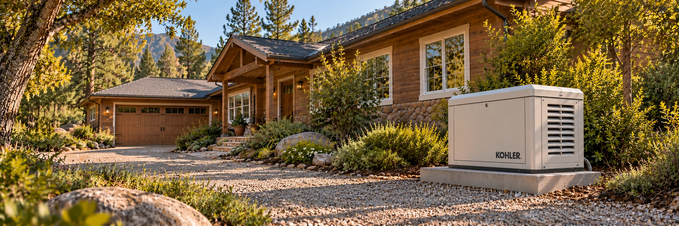 Illustrative view of a Kohler residential standby generator beside a Julian-style wood-sided home